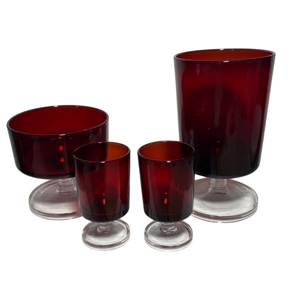 Vintage Ruby Red Pedestal Glassware Set Of 4 - Goblet Sherbet Dish 2 ShotGlasses